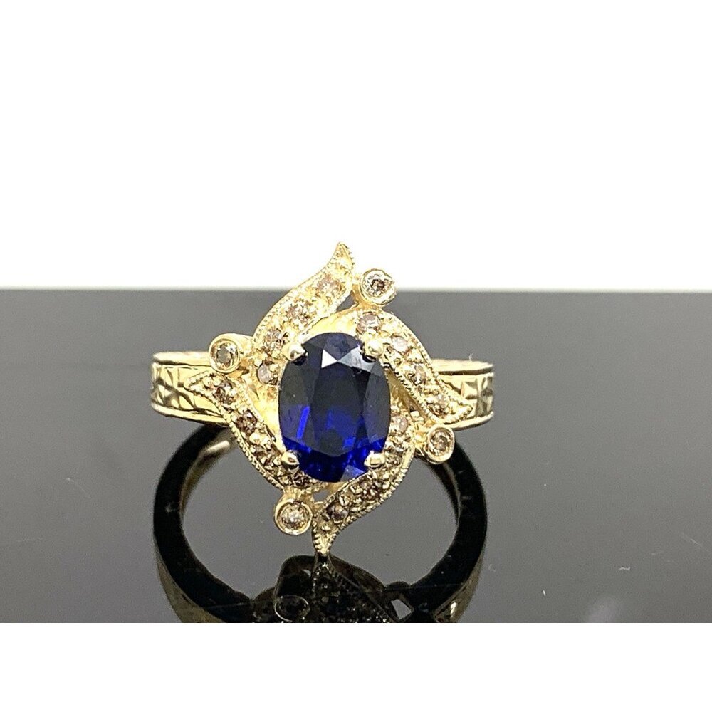 Blue Gemstone Diamond Cocktail Ring 14k Yellow Gold Estate Women's Size 7